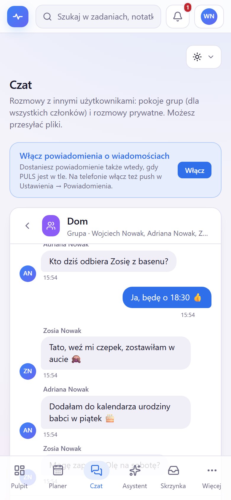 Czat rodzinny w PULS na telefonie